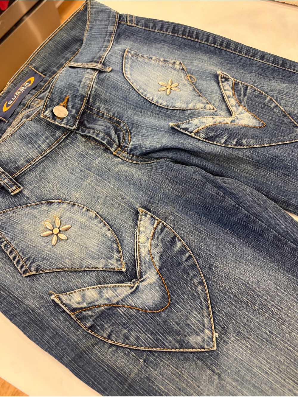 Womens Blue Embroidered Pocket Jeans